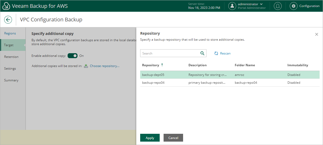 Editing VPC Configuration Backup Policy