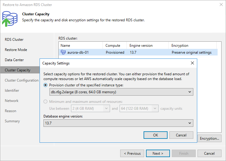 Restore Aurora - Capacity type and encryption