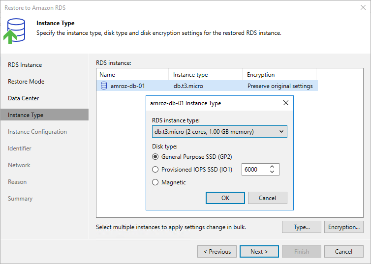 Restore RDS - Instance type and encryption