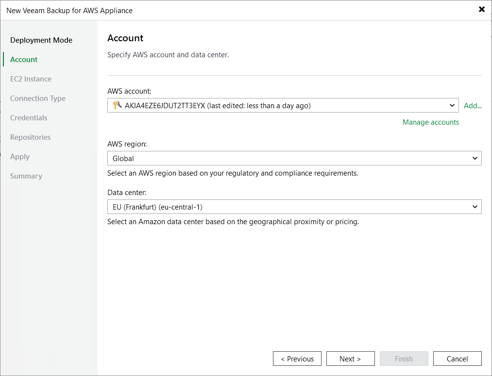 Add aplliance - Account Step 3. Specify AWS Account Settings