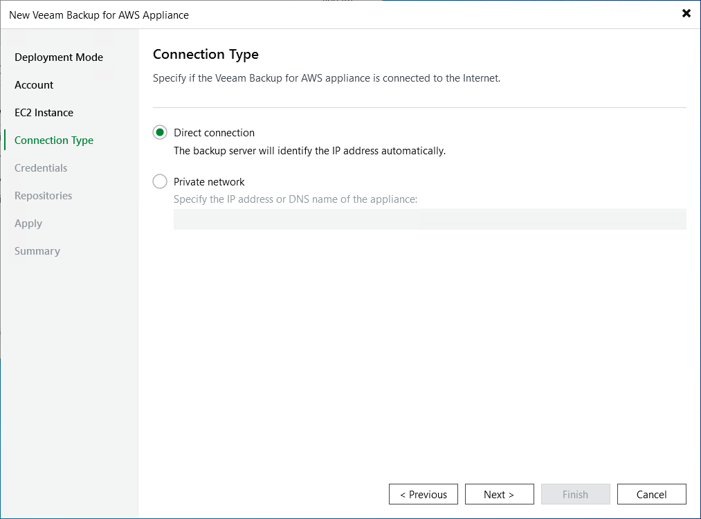 Add appliance - Connection Step 5. Specify Connection Type