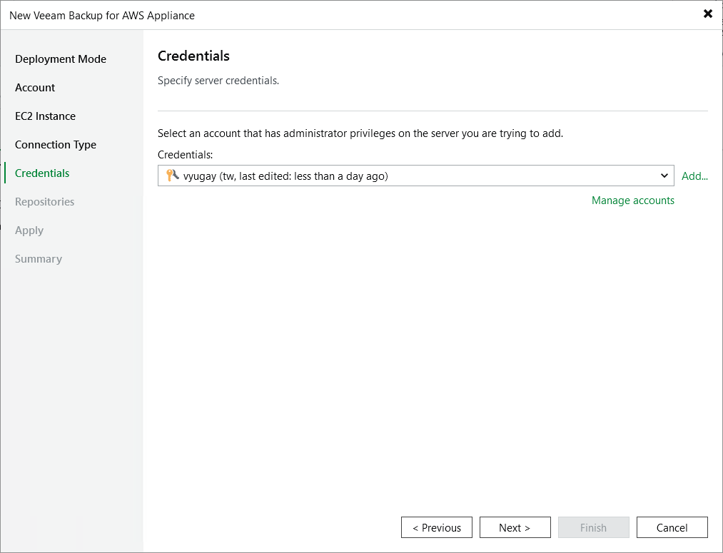 Add appliance - Credentials Specify User Credentials