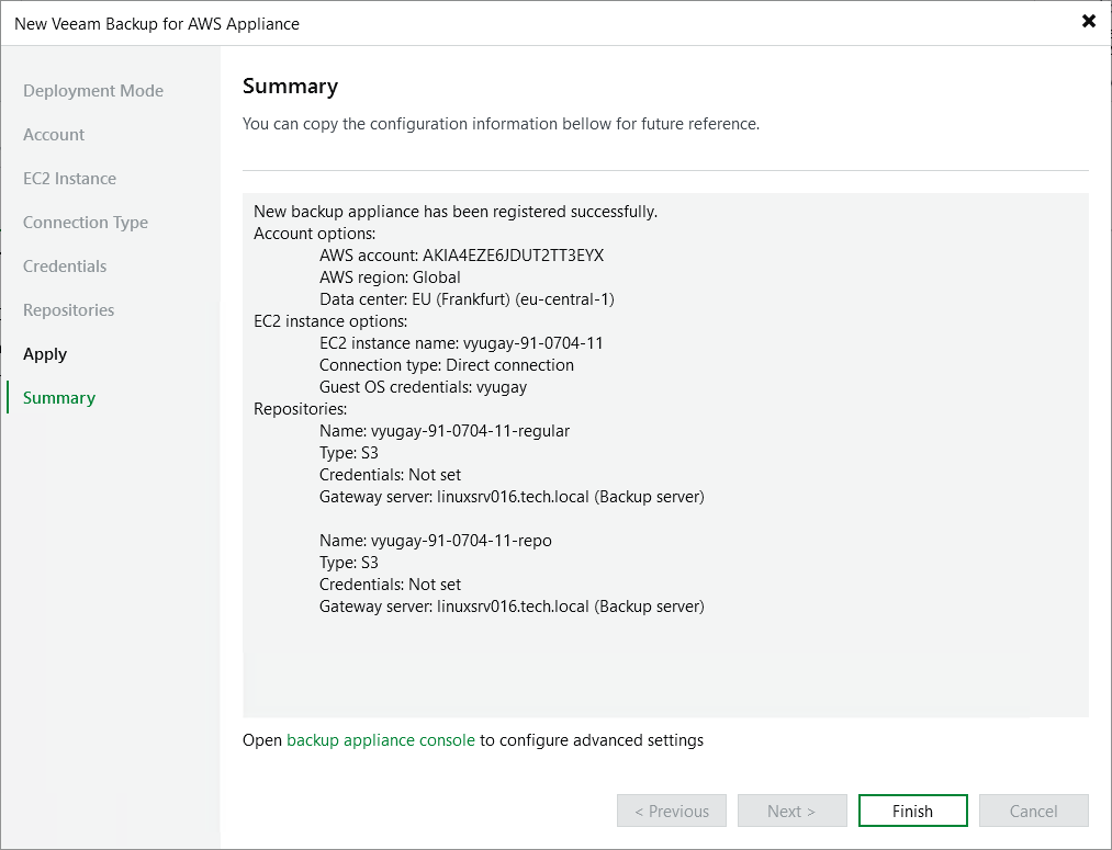 Add appliance - Summary Step 9. Finish Working with Wizard