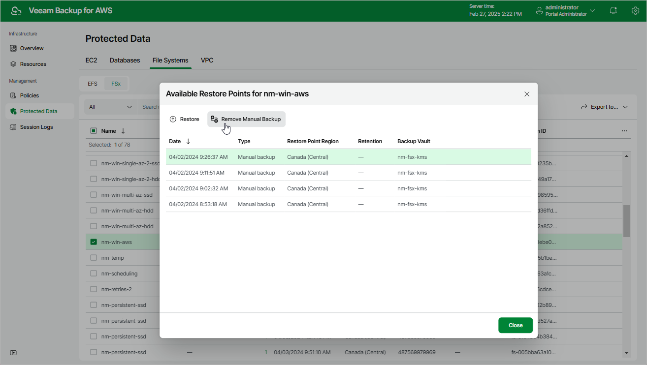 Removing FSx Backups Created Manually