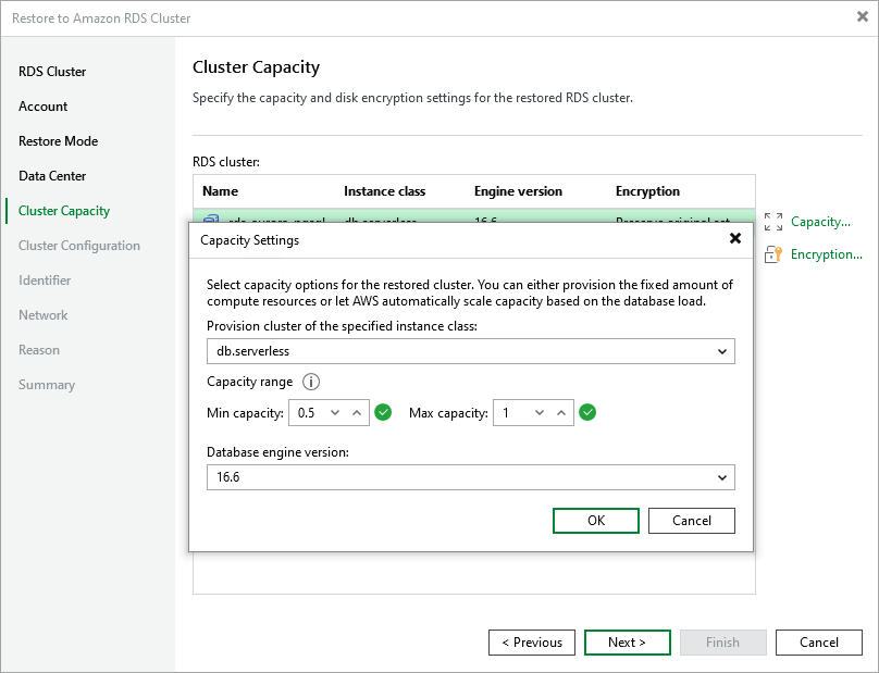 Restore Aurora - Capacity type and encryption