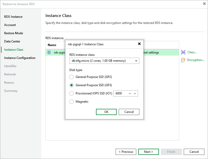 Restore RDS - Instance type and encryption