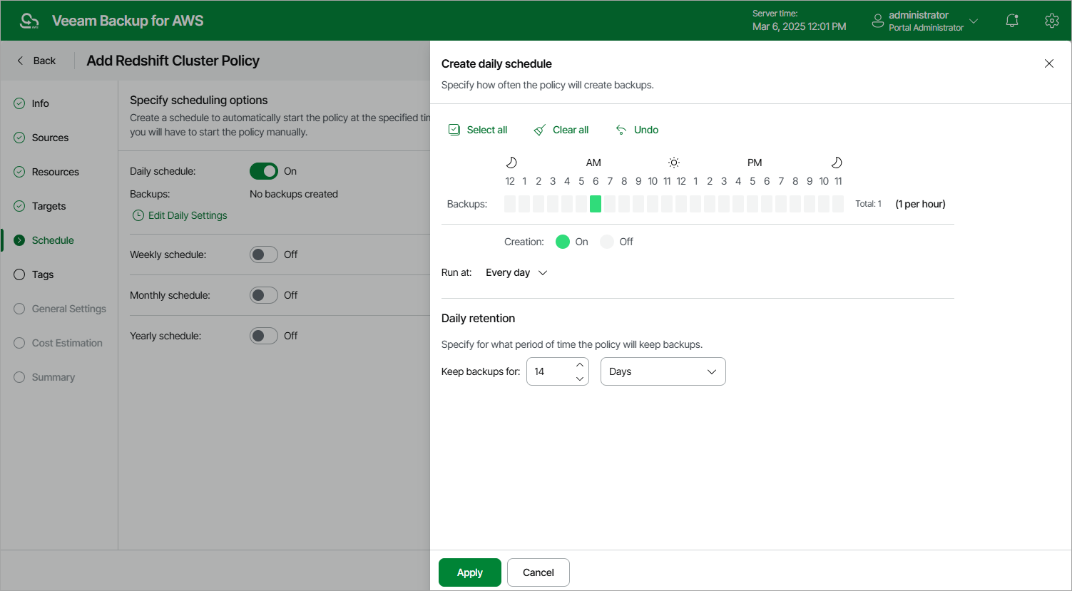 Creating Redshift Backup Policy
