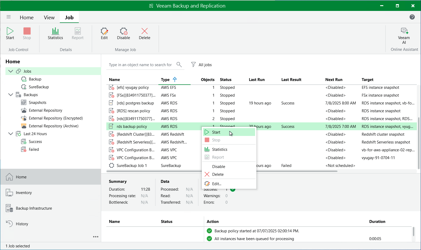 Start and stop backup policy