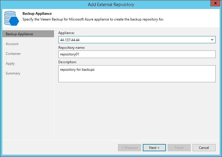 Step 2. Specify Veeam Backup for Microsoft Azure Appliance