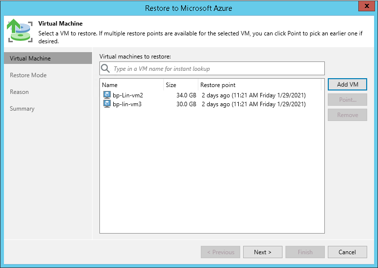 Step 2. Select Azure VMs and Restore Points