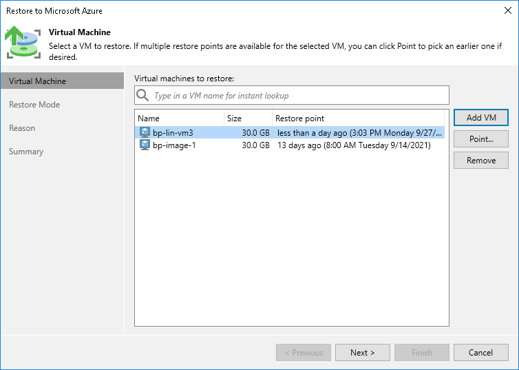 Step 2. Select Azure VMs and Restore Points