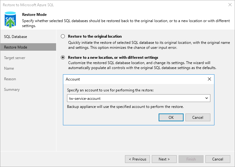 Step 3. Choose Restore Mode and Service Account