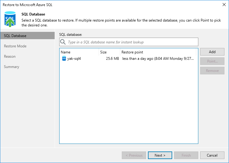 Step 2. Select SQL Databases and Restore Points