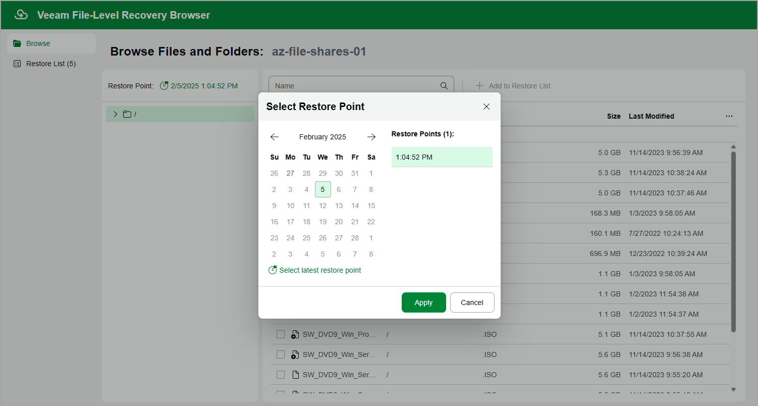 Selecting Restore Point