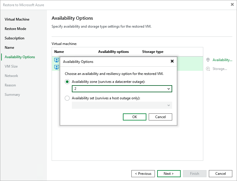 Restore to Microsoft Azure - Availability zone