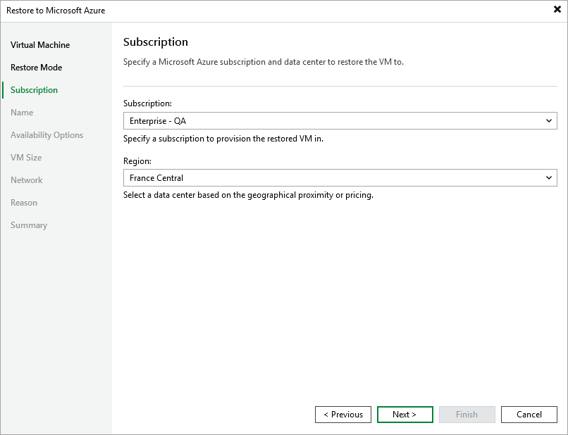 Restore to Microsoft Azure - Subscription and region