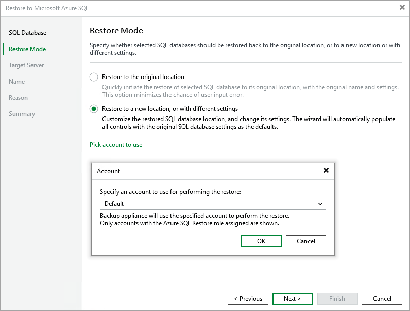 Restore to Microsoft Azure SQL - Mode and service account