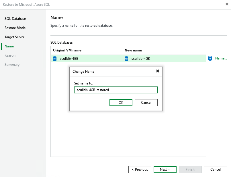 Restore to Microsoft Azure SQL - Name