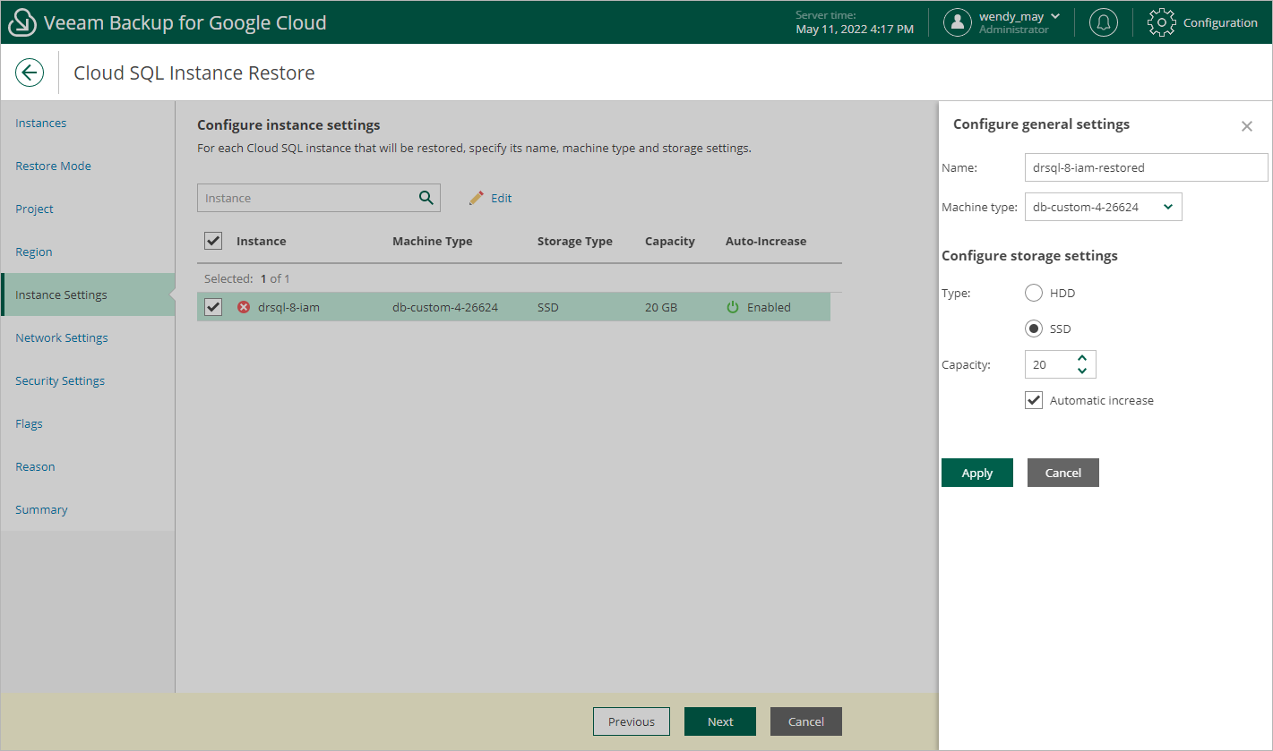 Restoring Cloud SQL Instance