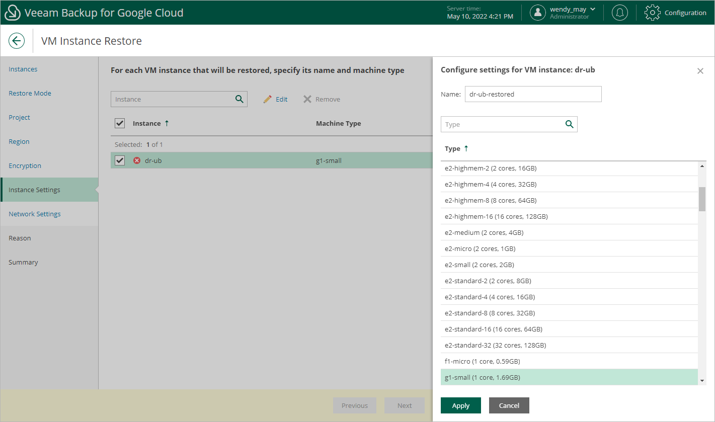 Restoring VM Instance
