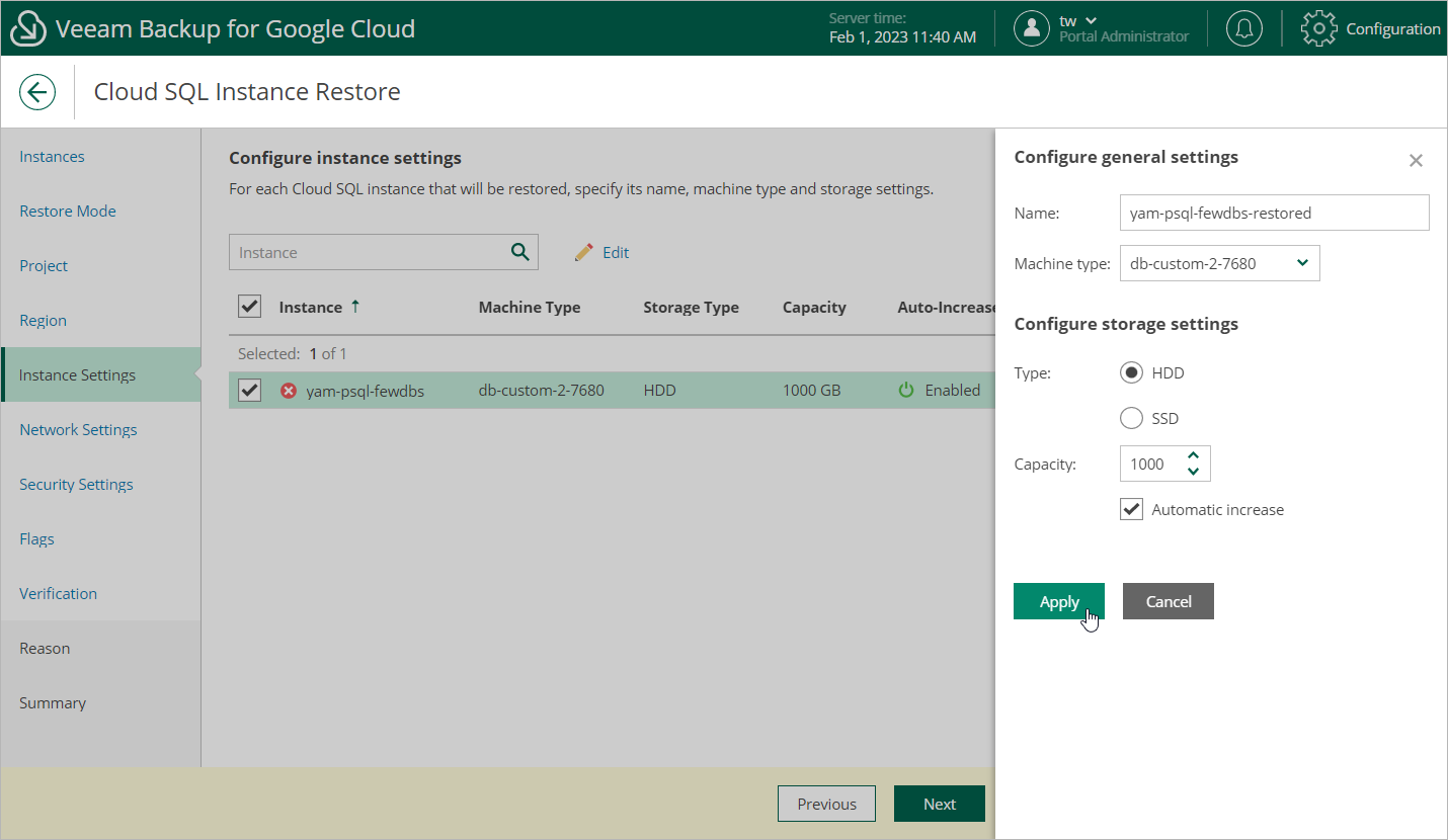 Restoring Cloud SQL Instance