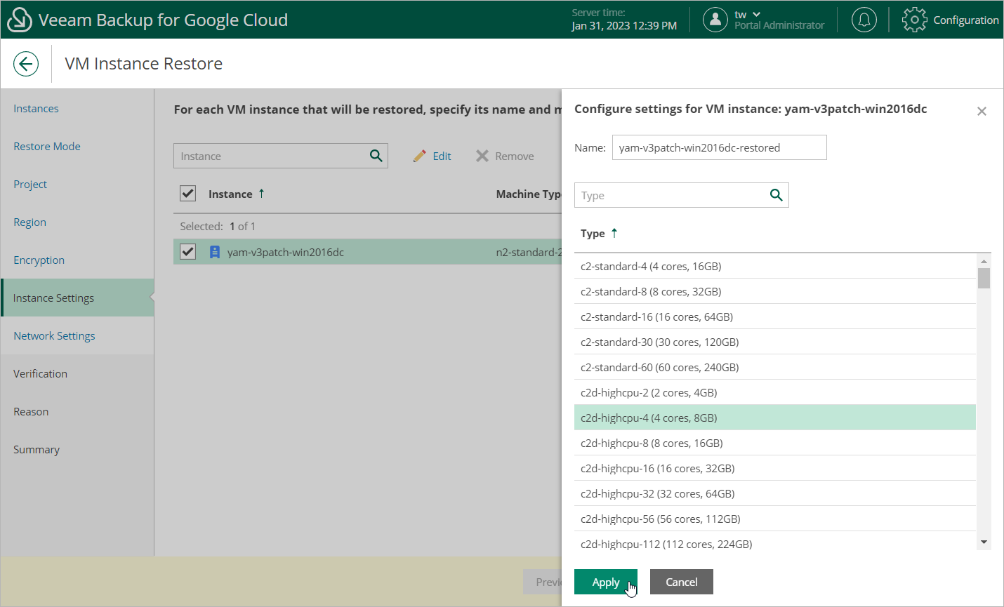 Restoring VM Instance