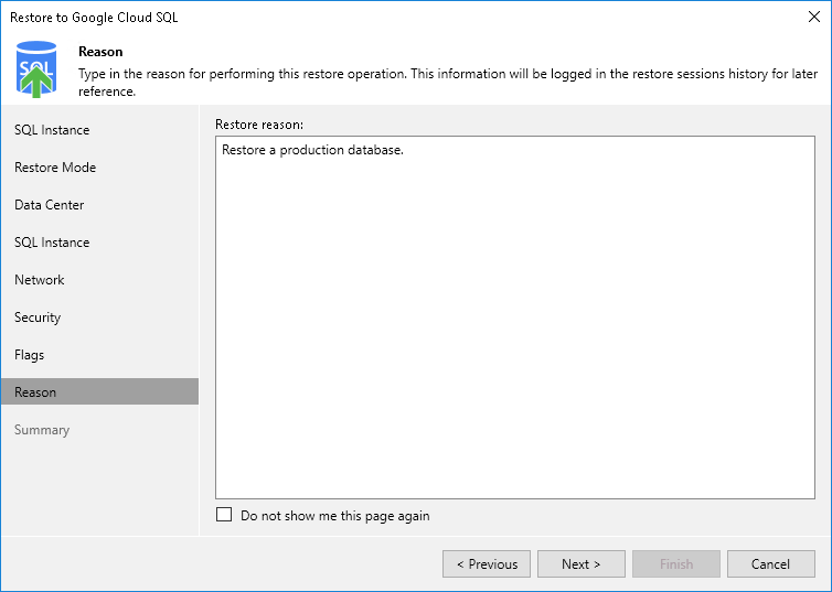 Step 9. Specify Restore Reason