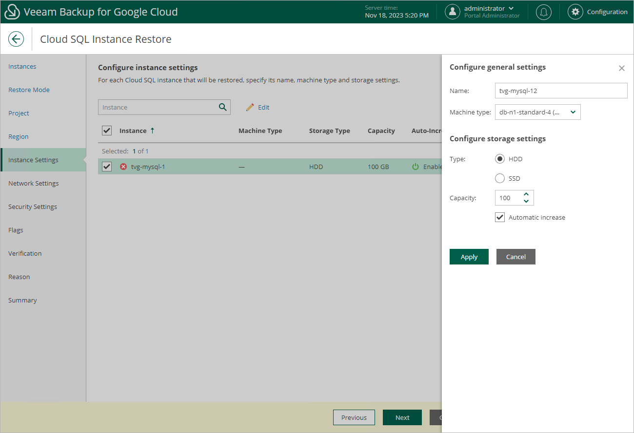 Restoring Cloud SQL Instance