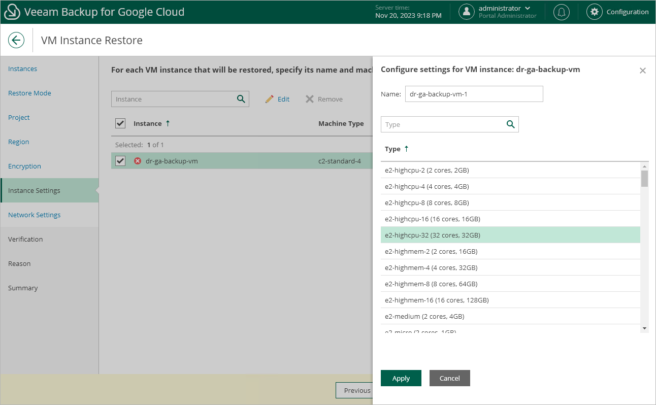 Restoring VM Instance