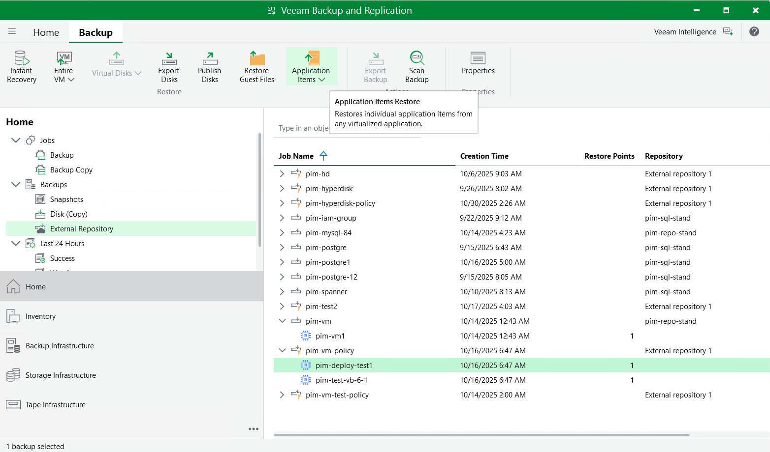 Restore application items