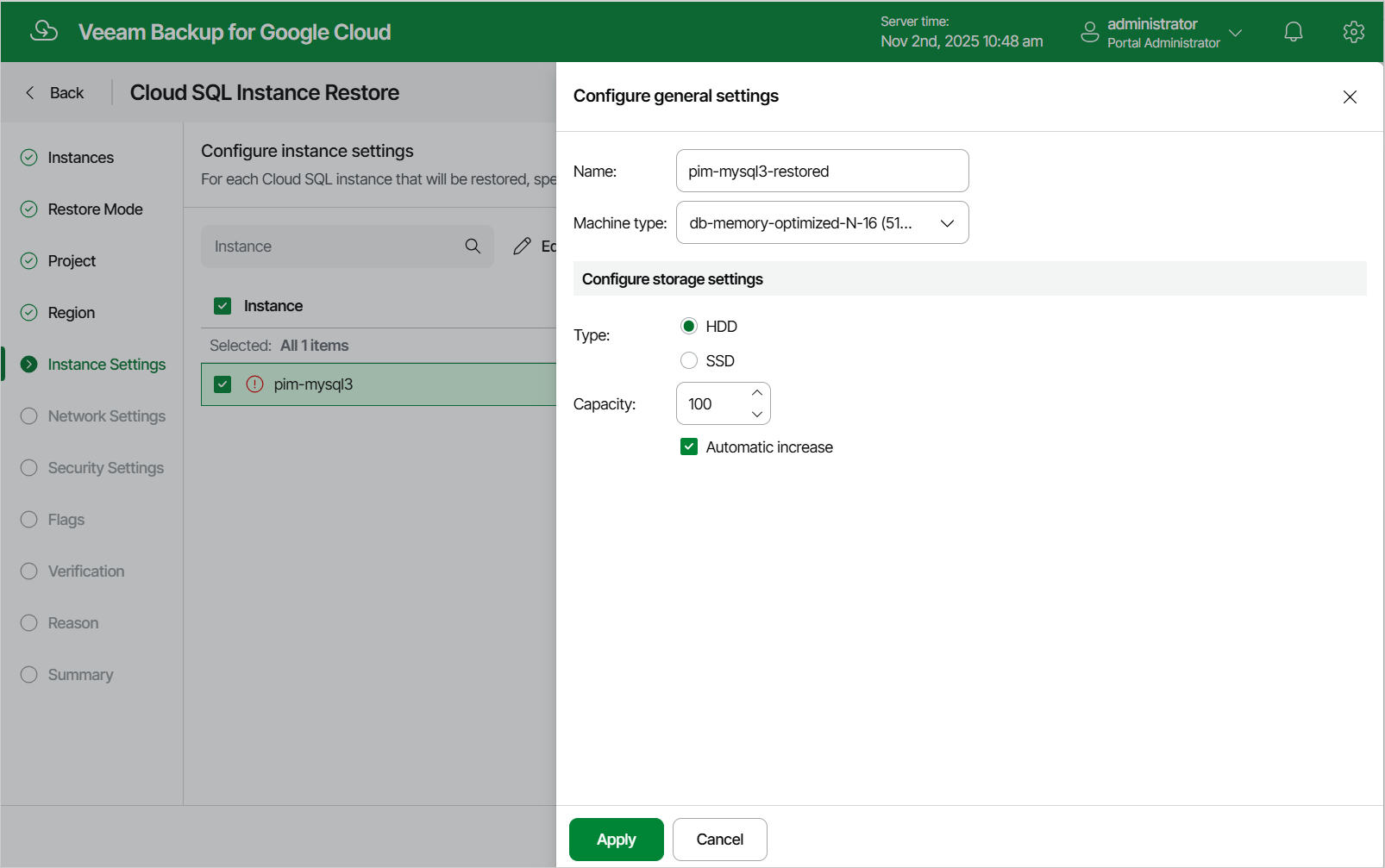 Restoring Cloud SQL Instance