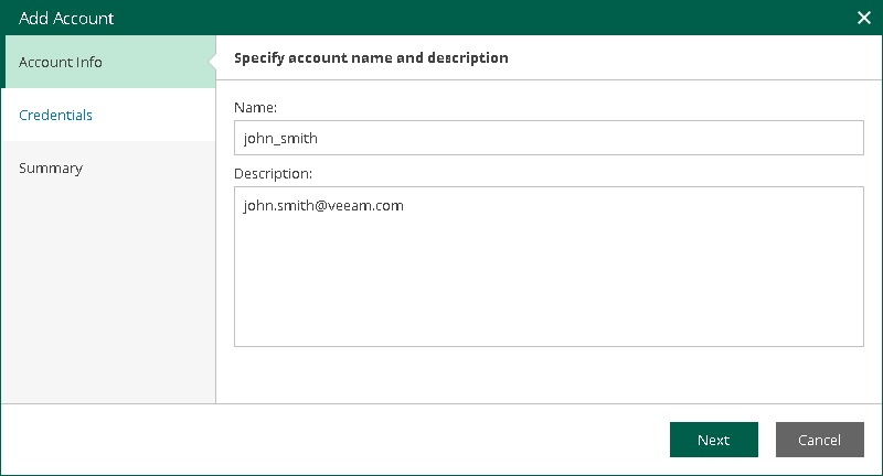 Step 2. Specify Account Name and Description