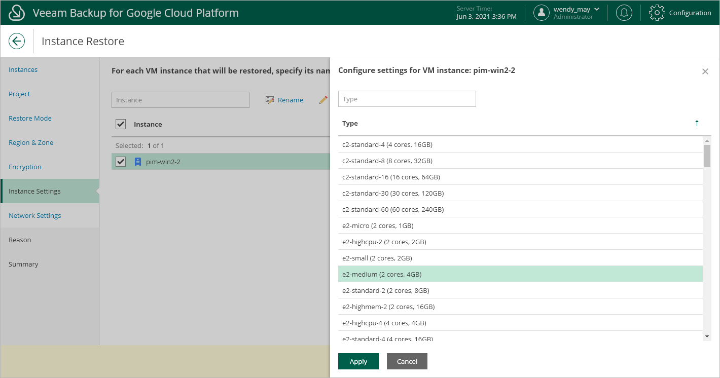 Restoring VM Instance