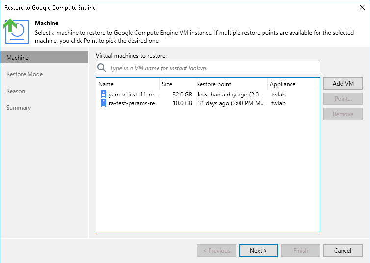 Step 2. Select VM Instances and Restore Points