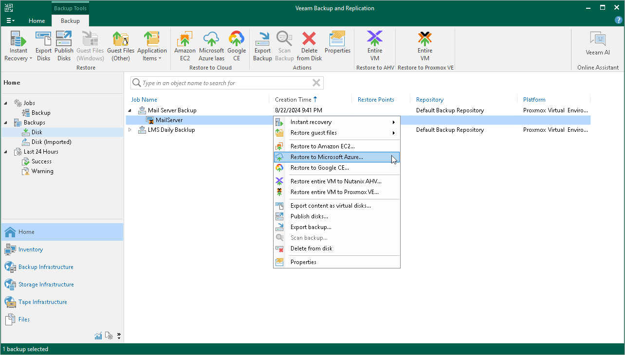 Restore to Microsoft Azure
