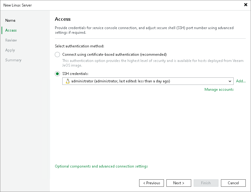 Step 3. Specify Credentials and SSH Settings