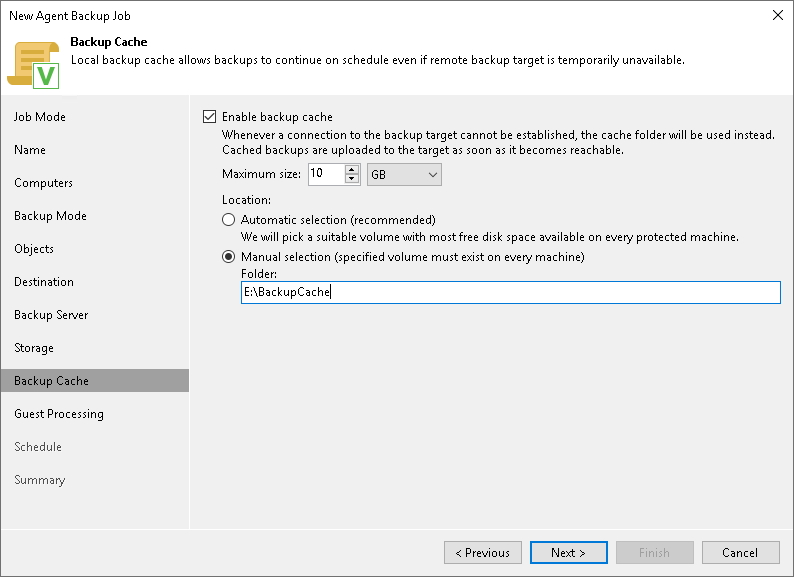 Specify Backup Cache Settings Step 11. Specify Backup Cache Settings