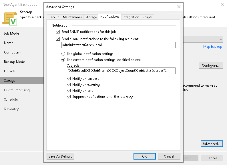 Specify Notification Settings for Veeam Agent Backup Job Notification Settings
