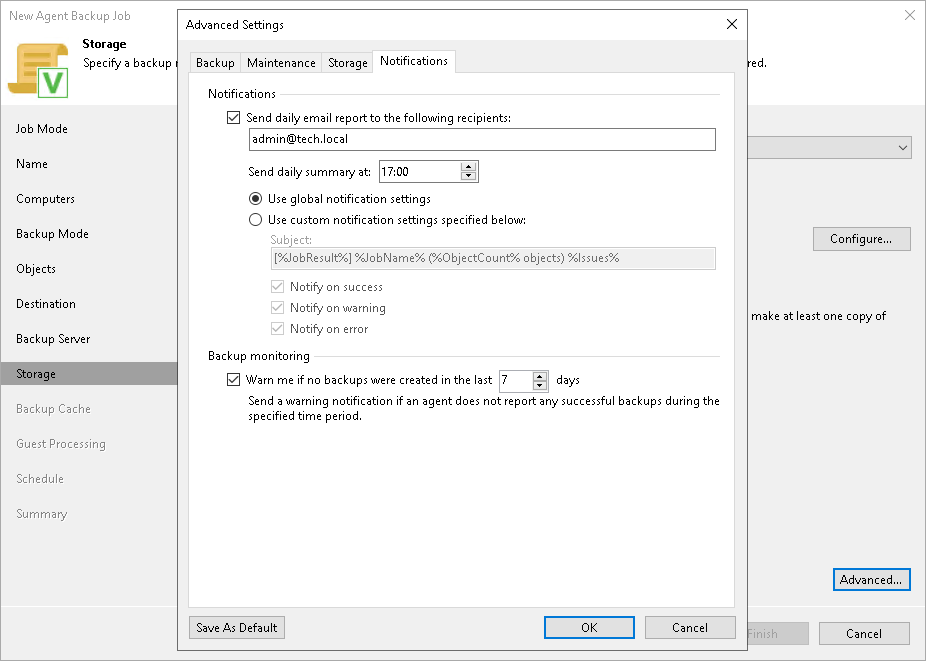 Specify Notification Settings for Backup Policy Notification Settings
