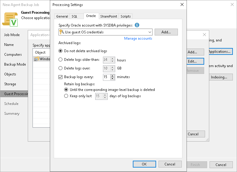 Specify Oracle Archived Log Settings Oracle Archived Log Settings