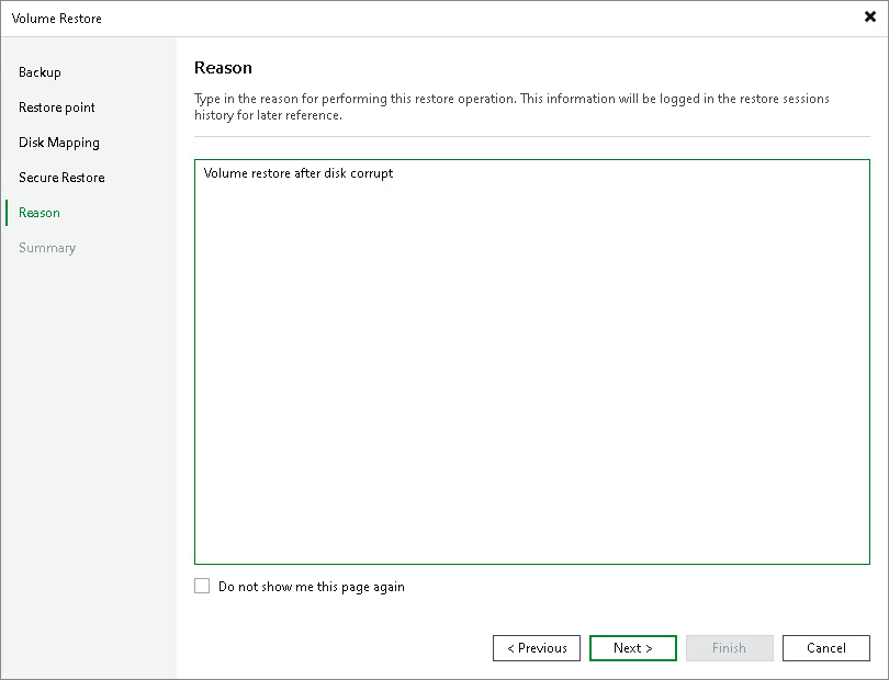 Specify Restore Reason Step 7. Specify Restore Reason