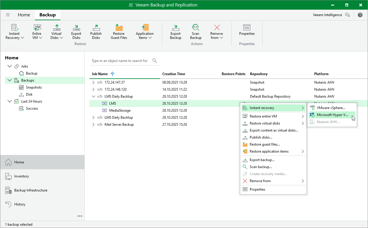 Performing Instant Recovery of Workloads to Hyper-V