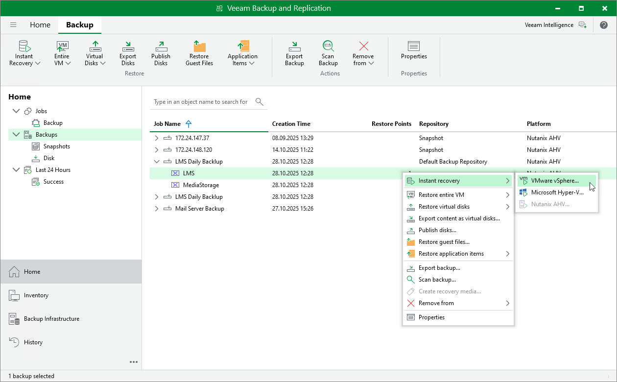 Performing Instant Recovery of Workloads to VMware vSphere