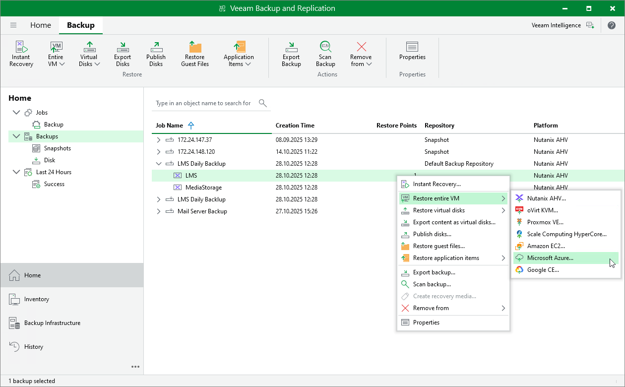 Performing VM Restore to Microsoft Azure