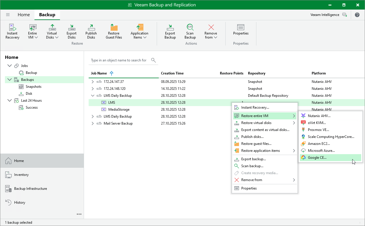 Performing VM Restore to Google Cloud