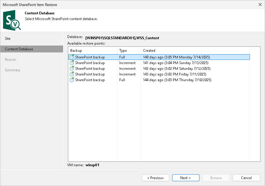 Step 3. Select Restore Point or Content Database