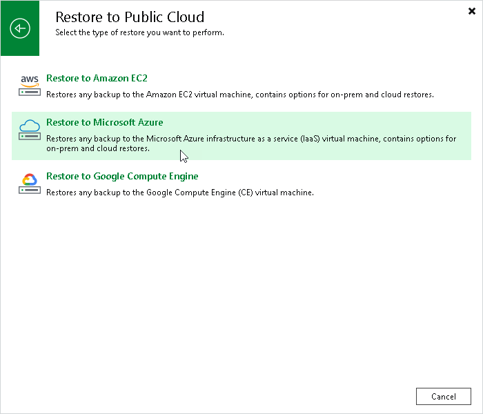 Step 1. Launch Restore to Azure Wizard