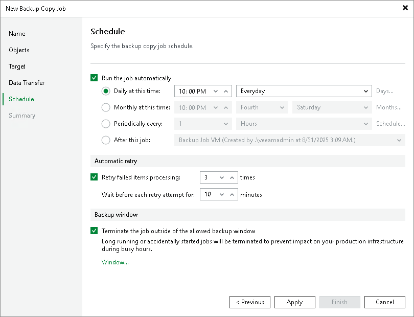 Step 9. Define Backup Copy Window