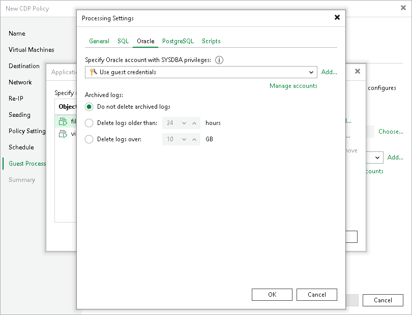 Configure log handling for Oracle Server Oracle Archived Log Settings