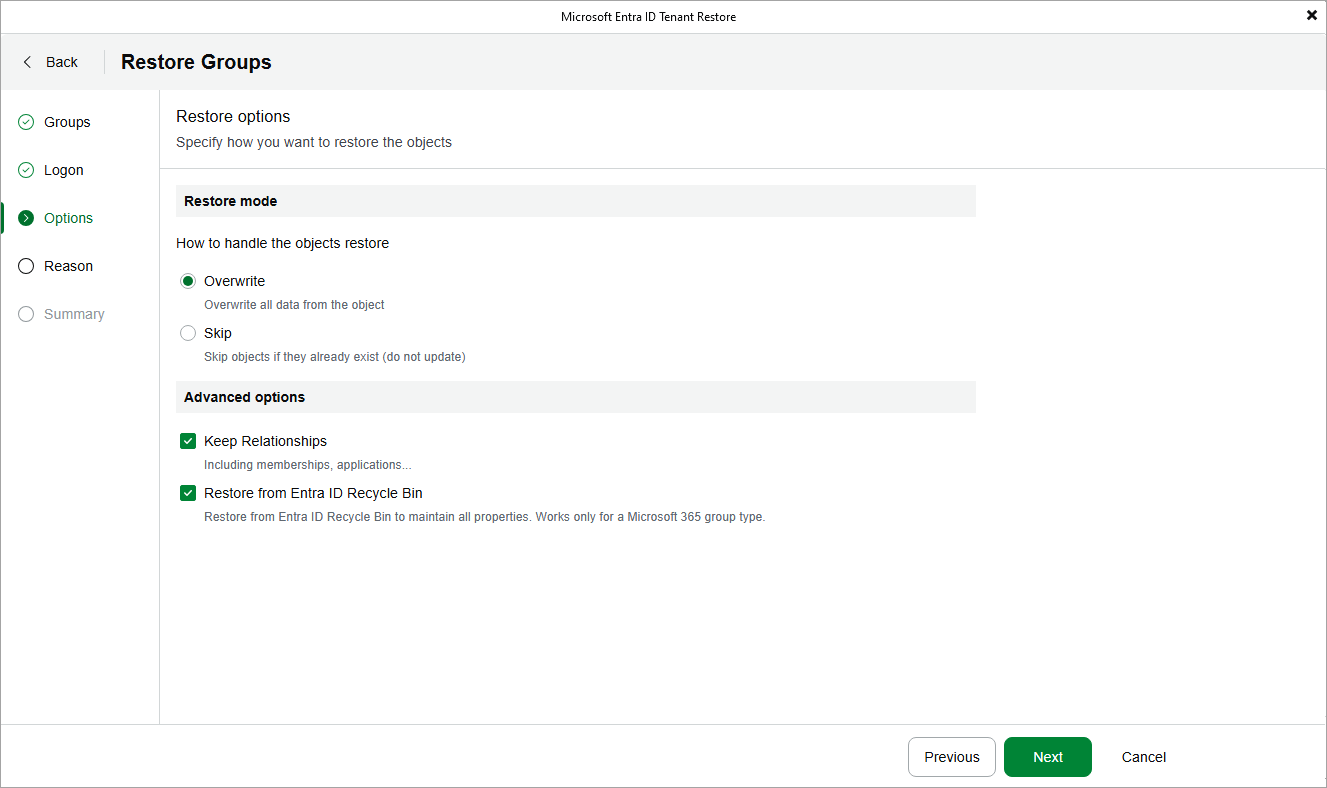 Configure Restore Options